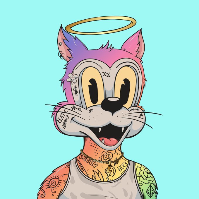 The image features a cartoon cat with tattoos, including a tattoo of a halo above its head. The cat has a white collar around its neck and appears to be wearing a tank top. The caption reads "Pulled the trigger first @DegenToonz secured This little menace is officially home."