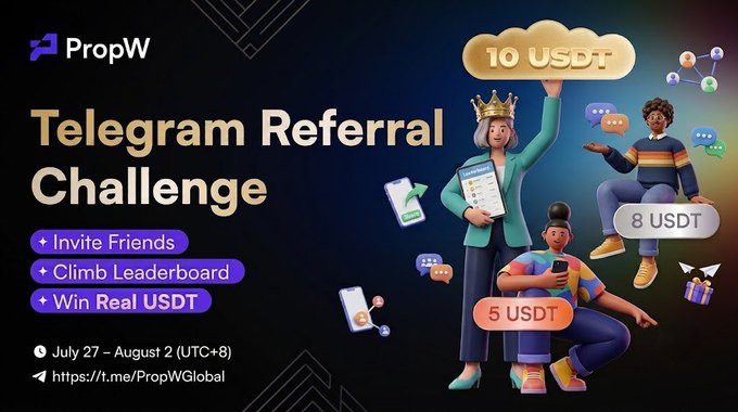 An advertisement for PropW's 'Telegram Referral Challenge' running from July 27 – August 2 (UTC+8), featuring 3D characters holding USDT prize signs of 10, 8, and 5 USDT, with a link to https://t.me/PropWGlobal.