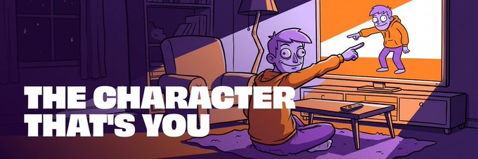 This cartoon illustration shows a character sitting on the floor pointing at a TV screen that displays a version of himself, accompanied by the text "THE CHARACTER THAT'S YOU." The image serves as a visual metaphor for the concept of character selection or self-identity in gaming, relating to the post's discussion about which character personifies the individual.
