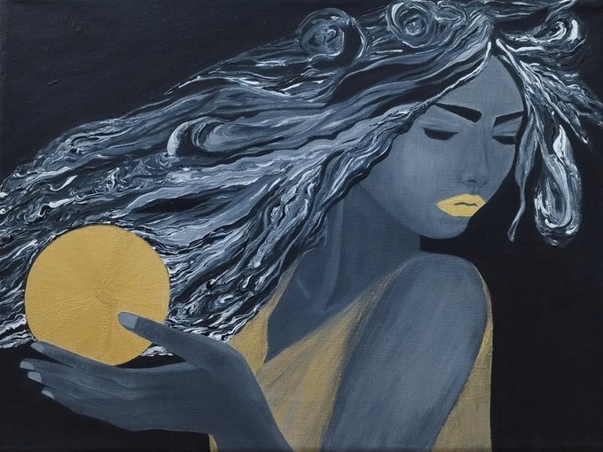 A painting depicts a woman with dark blue skin, flowing silver-grey hair, and a gold crescent moon design on her body. She holds a golden circular disc against a black background.