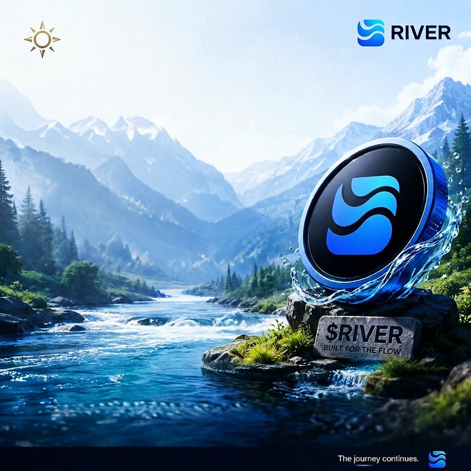 A promotional image for 'RIVER' showing a blue 'S' logo coin in water by a mountain stream, with the tagline '$RIVER BUILT FOR THE FLOW' and 'The journey continues.'