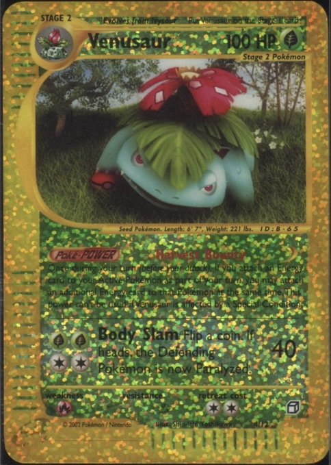 A holographic Pokémon trading card featuring Venusaur (Stage 2) with 100 HP, showing the "Rain Dance" Poké-POWER and "Body Slam" attack.