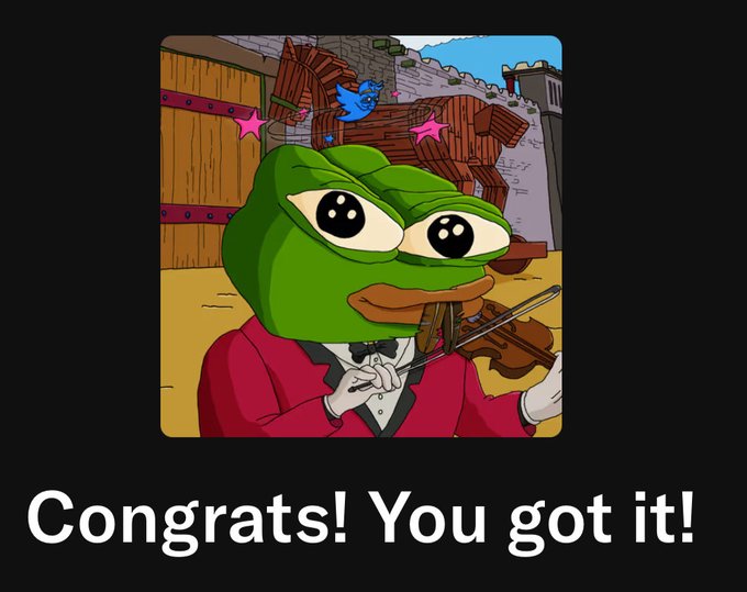 A cartoon Pepe the Frog dressed in a red tuxedo playing the violin in a castle setting, with the text 'Congrats! You got it!' displayed below.