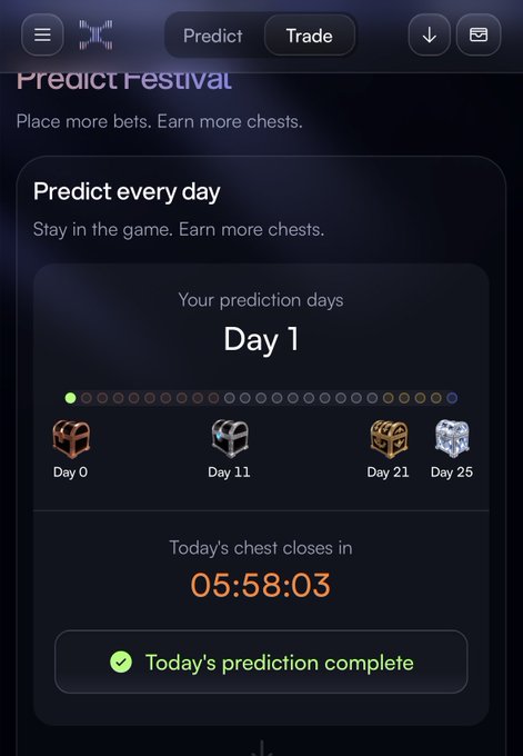 A 'Predict Festival' mobile app screen showing 'Your prediction days: Day 1' with a countdown timer of '05:58:03' and a message stating 'Today's prediction complete'.