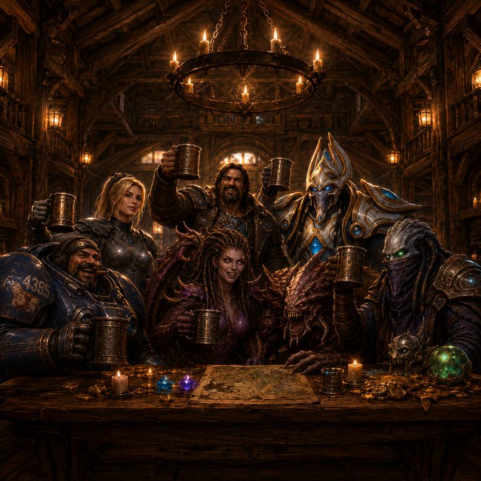 A fantasy artwork of a diverse group of adventurers and monsters, including warriors and creatures, raising tankard mugs in a toast inside a wooden tavern.