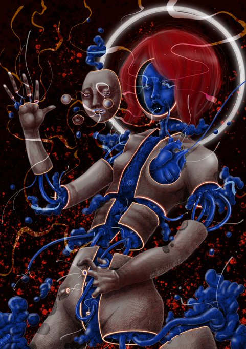 A surreal digital artwork of a humanoid figure with a mask, featuring red hair, a glowing halo, and blue organic tendrils wrapping around a brown, textured body against a dark red background.