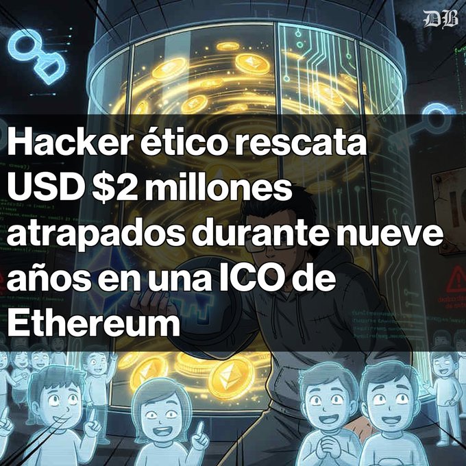 The image features a cartoon illustration of a man holding up a gold coin, surrounded by other people who are also holding coins. The scene appears to be set in a room with a computer screen behind them. The text in the image reads "Hacker etico rescata USD 2 millones en ETH atrapados desde 2016 0xflorent logró desbloquear 1.003,62ETH de un contrato inteligente de HongCoin que falló en su ICO". This suggests that there is a group of people who are involved in an illegal activity or scheme related to Bitcoin and cryptocurrency.