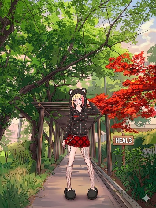 しごおわ！ また小径発見w 新緑と春紅葉に癒されて‍ #HEAL3". The image features a girl wearing a black and red outfit, posing in front of a tree with red leaves. She is standing on the sidewalk next to a sign that says "heal 3" written in white letters.
