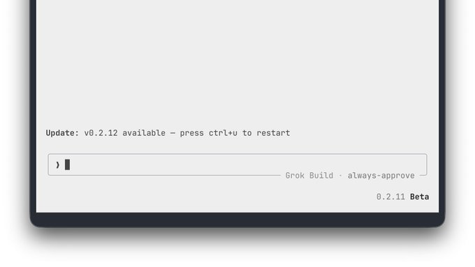The image shows a screenshot of a computer screen with an available update window that looks ready to be installed. In the center, there's a prompt for installing the update, which appears to be related to Grok Build v0.2.12.