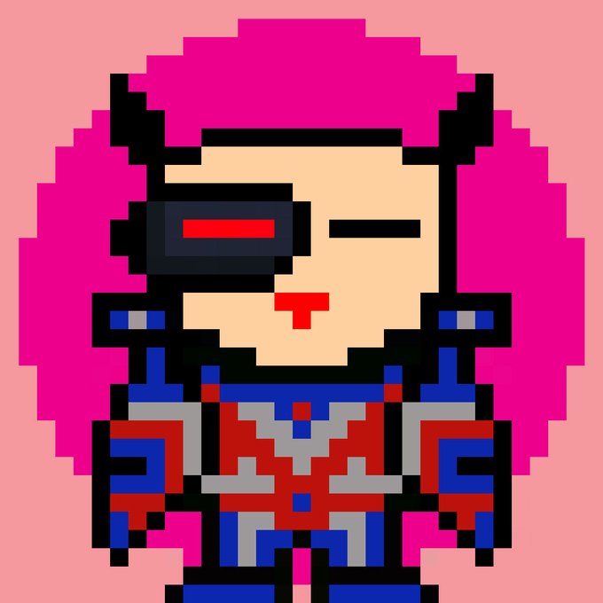 A pixel art character resembling a superhero with blue and red armor, a red visor over one eye, and a red mark on their face, set against a bright pink circular background.
