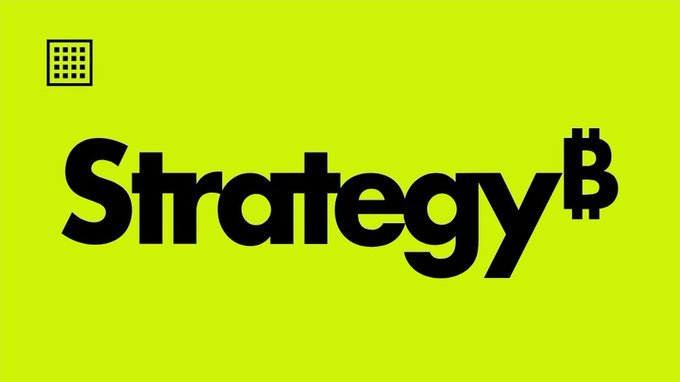A bright green screen with black text reading 'Strategy' and a Bitcoin symbol (₿) in place of the final letter.