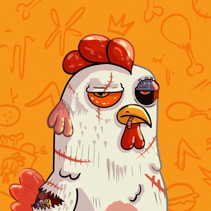 A stylized cartoon illustration of a zombie chicken with a stitched-up, bloodshot eye, a red comb, and an open beak, set against an orange background with faint food sketches.