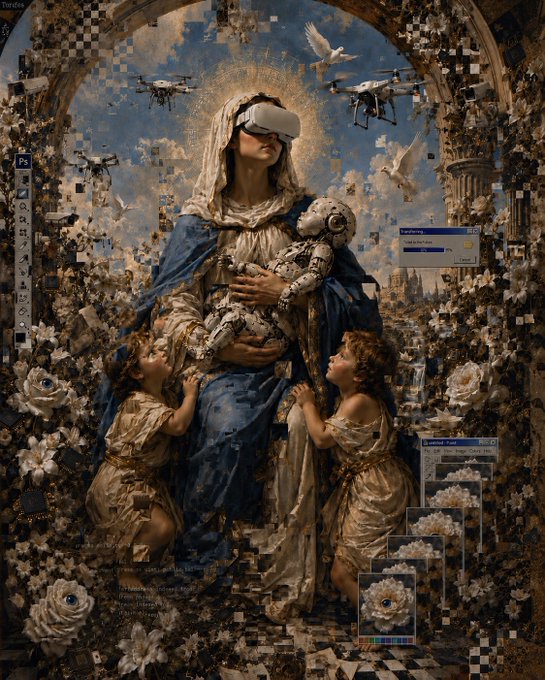 A surreal digital artwork depicting a classical religious Madonna and child painting, but the mother wears a VR headset and the child is a small humanoid robot, surrounded by flying drones, angels, and pixelated glitch effects, with Photoshop interface elements visible.