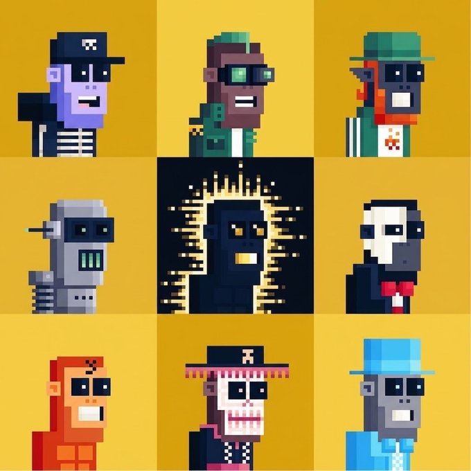 A 3x3 grid of pixel art characters featuring various stylized figures including a skeleton, a robot, and figures in hats and masks.