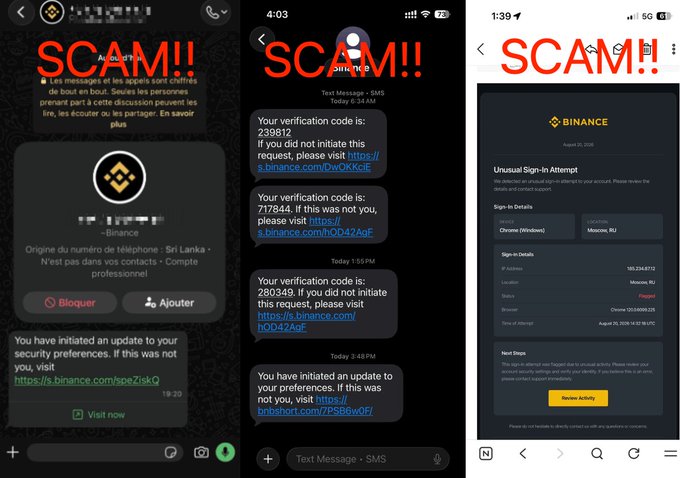 Three screenshots of mobile phone messages claiming to be from Binance are labeled 'SCAM!!' in red, showing SMS verification codes and sign-in alerts.