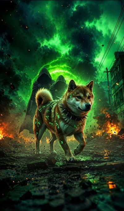 Fantasy AI artwork of a Shiba Inu dog with glowing green markings standing in a destroyed city beneath a swirling green cosmic portal, with a hooded figure looming behind it.