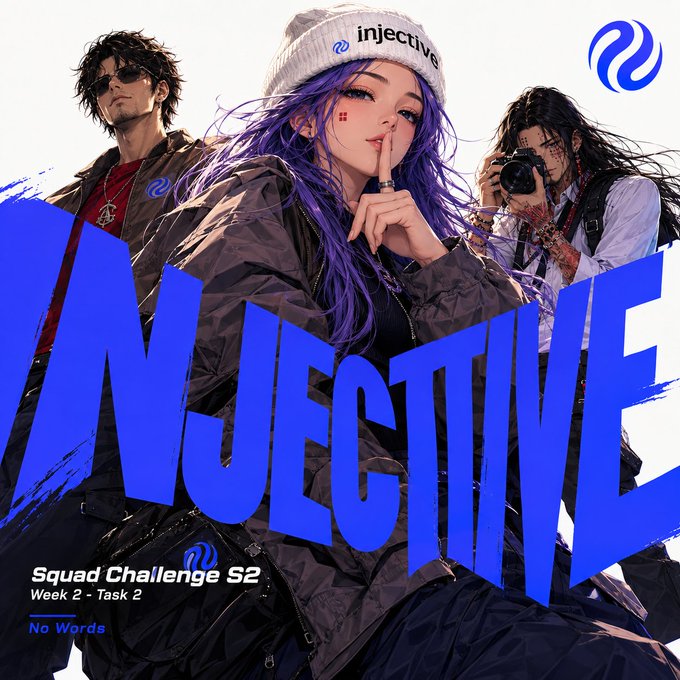 An illustrated promotional graphic featuring three stylized characters, with 'INJECTIVE' in large blue letters and text reading 'Squad Challenge S2, Week 2 - Task 2, No Words'.