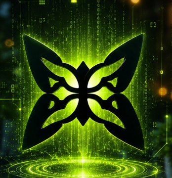 A digital artwork featuring a glowing green butterfly logo with symmetrical wings set against a matrix-style code background with falling green characters.