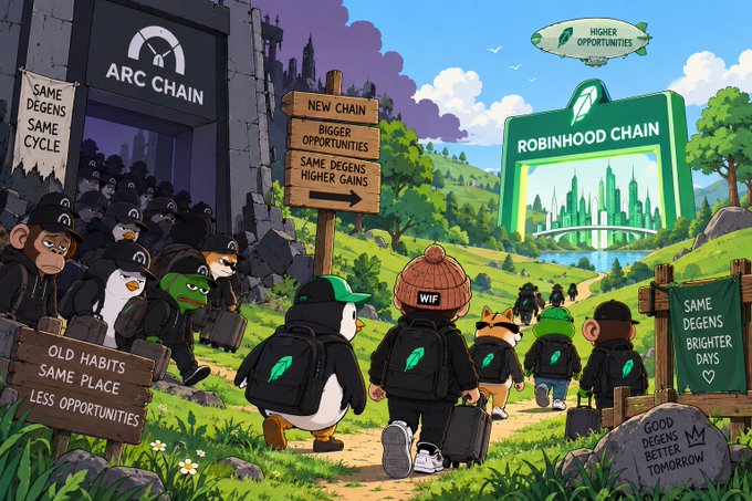 A cartoon illustration contrasting 'ARC CHAIN' (depicted as a dark, crowded place with 'SAME DEGENS SAME CYCLE' signs) with 'ROBINHOOD CHAIN' (shown as a bright, green utopia promising 'BIGGER OPPORTUNITIES' and 'HIGHER OPPORTUNITIES') as characters migrate between them.