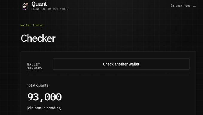 A screenshot from the Quant ($QUANT) token allocation checker tool on quanttoken.org, displaying a "Wallet Summary" page that confirms a total of 93,000 $QUANT tokens with a "join bonus pending" status. The dark-themed interface invites users to verify their own $QUANT allocation, matching the post's call-to-action to check pre-claimed rewards.