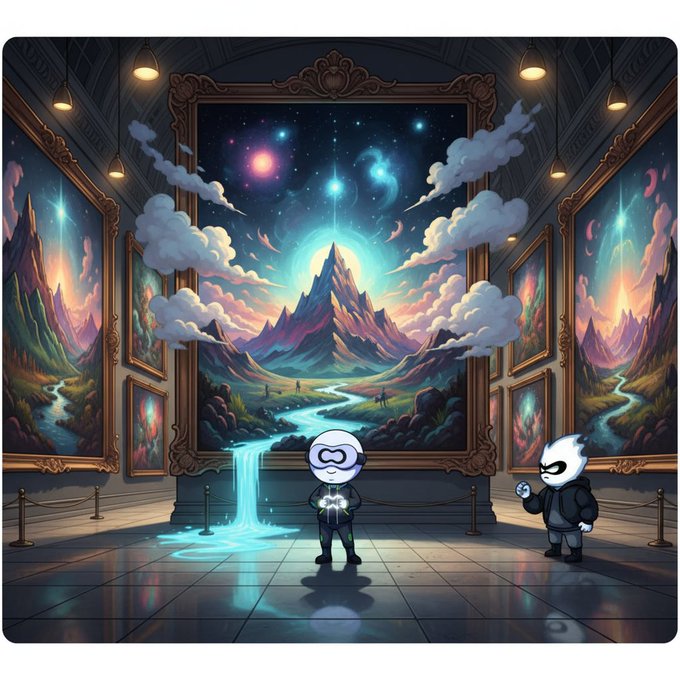 A stylized illustration of an art gallery features two cartoon characters with white mask-like faces observing a large framed painting of a cosmic mountain landscape with waterfalls and galaxies, with smaller similar paintings lining the side walls.
