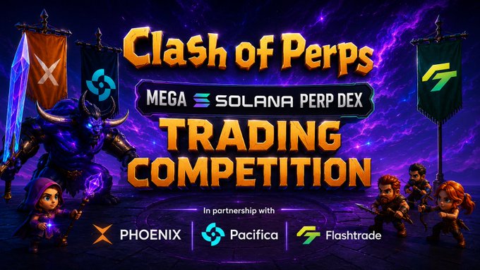 Promotional banner for 'Clash of Perps MEGA Solana Perp DEX Trading Competition' in partnership with Phoenix, Pacifica, and Flashtrade, featuring gaming-style fantasy characters.