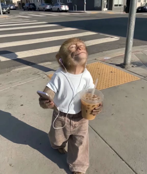 A young monkey wearing a white t-shirt and khaki shorts stands on a city sidewalk, appearing to hold a phone and an iced coffee while wearing earbuds, eyes closed in apparent enjoyment.