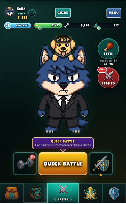 A mobile game screenshot showing a pixel-art wolf character in a suit named 'Kalid' at level 28, with stats 2,189/2,233, displaying a 'Quick Battle' button and menu options including Feed, Fights, Battle, and various equipment icons.