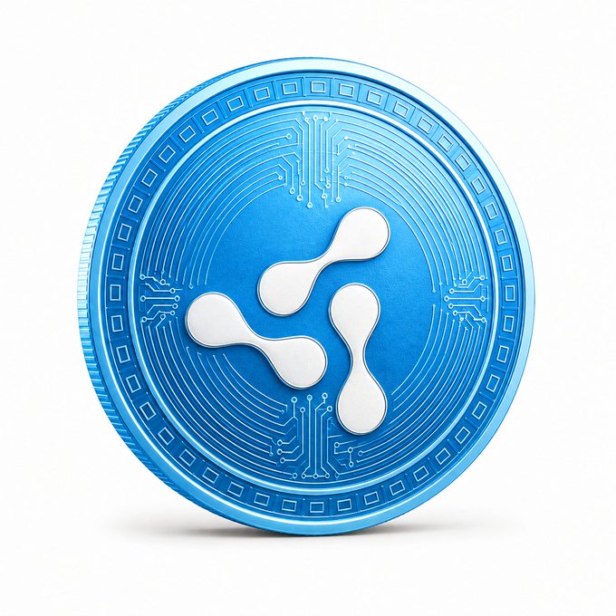 A 3D rendering of a blue cryptocurrency coin featuring a silver, interconnected three-lobed logo in the center.