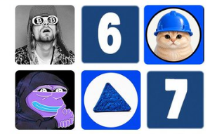 A collage of meme images features a man with dollar sign glasses, a blue cat in a hard hat, a purple masked figure, and numbers '6' and '7' alongside an Illuminati triangle symbol.