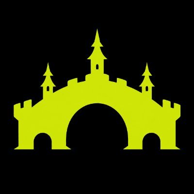 A neon green pixelated silhouette of a castle or bridge with towers on a black background.