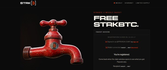 A website interface for 'STRK // WEEKLY FAUCET' displaying a 3D red faucet and the text 'FREE STKBTC', noting 'You're registered.'