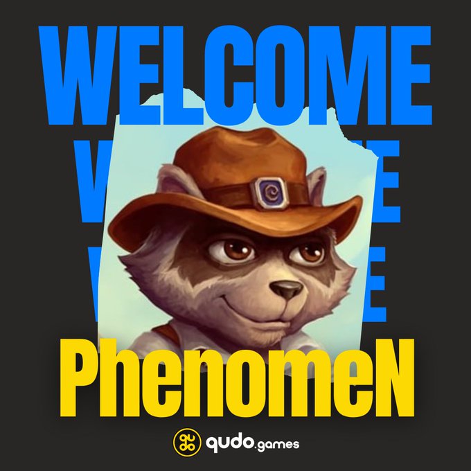 A welcome graphic featuring an illustration of a raccoon wearing a cowboy hat, with 'WELCOME' in blue text, 'PhenomeN' in yellow text, and the 'qudo.games' logo at the bottom.