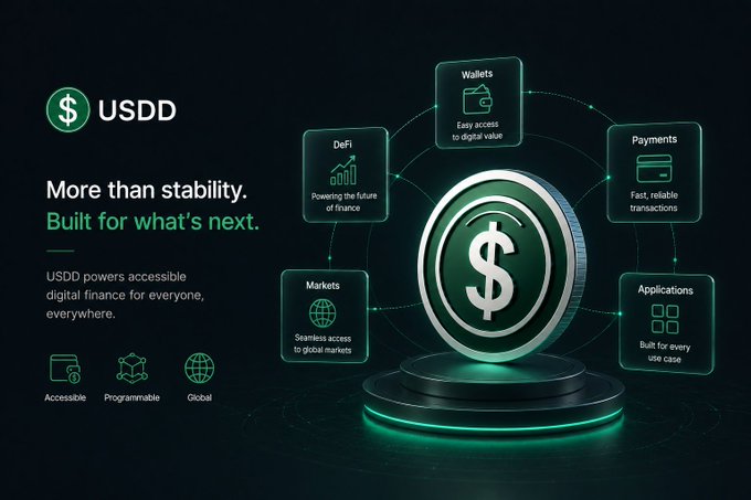 A promotional graphic for the USDD stablecoin, stating 'More than stability. Built for what's next.' and highlighting features like Wallets, Payments, Applications, Markets, and DeFi.