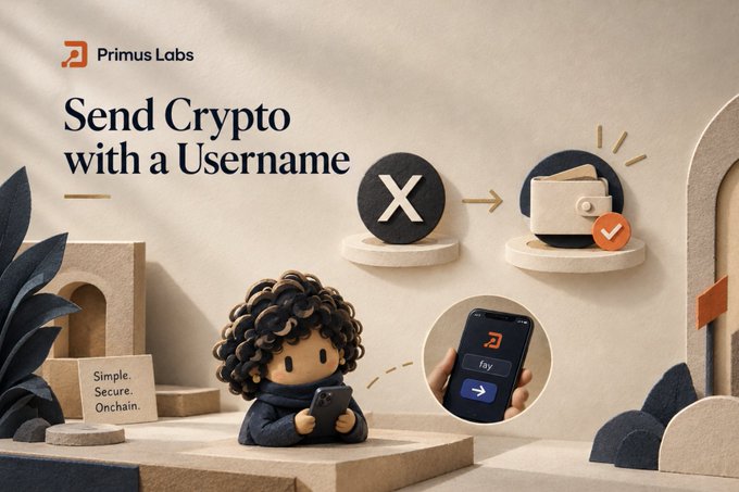 A promotional graphic for Primus Labs showcases their 'Send Crypto with a Username' service, illustrating the X-to-wallet transfer process with clay-style figures.