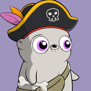 A cartoon illustration of a gray seal or sea lion character wearing a pirate hat with a skull emblem and a cross-body strap, set against a purple background.