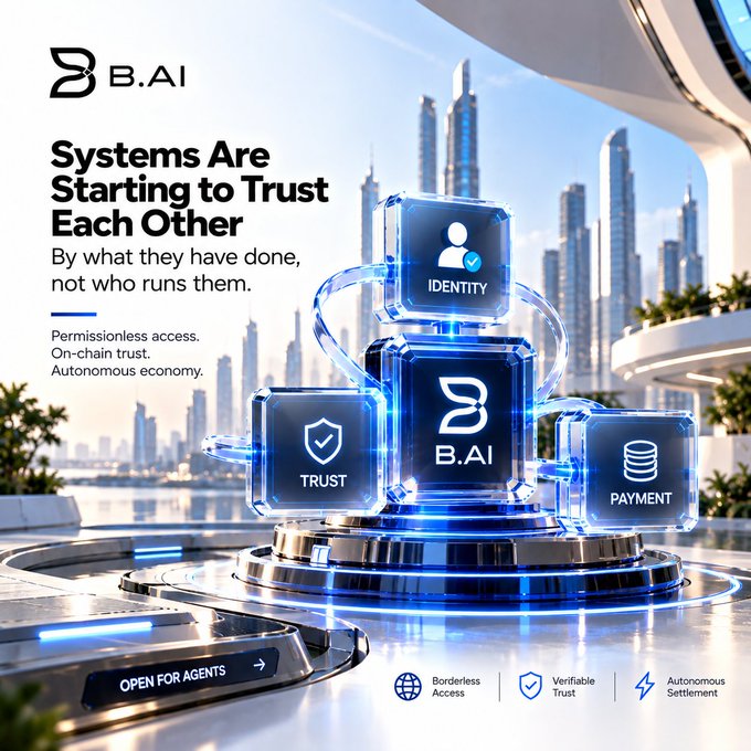 A digital advertisement for "B.AI" displays the text "Systems Are Starting to Trust Each Other," "Permissionless access. On-chain trust. Autonomous economy," and "OPEN FOR AGENTS," featuring glowing blue cubes labeled IDENTITY, TRUST, and PAYMENT.