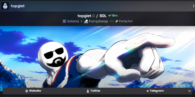 A screenshot of a cryptocurrency token called 'topglet' on the Solana network via PumpSwap/Pump.fun, showing an anime-style character with sunglasses pointing forward against a sky background, with Website, Twitter, and Telegram links.