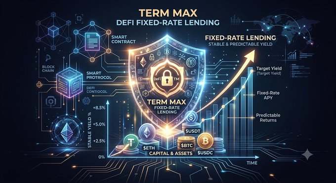 Promotional graphic for 'TERM MAX DeFi Fixed-Rate Lending' featuring a shield icon with a padlock, illustrating stable yields (2.5%-8.5%) over time, smart contracts, block chain protocols, and various crypto assets like SETH, USDT, SBTC, and USDC.
