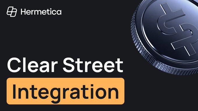 A promotional graphic with the 'Hermetica' logo at the top left and large text reading 'Clear Street Integration' next to a 3D rendering of a silver coin with a dollar symbol.