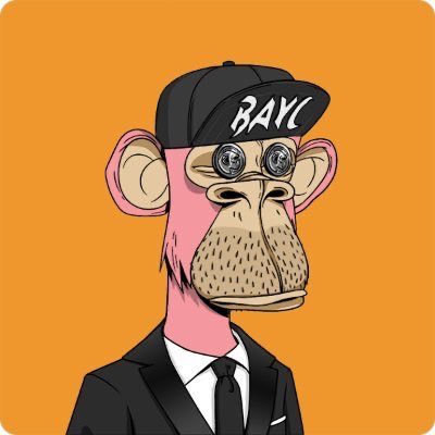 A cartoon-style illustration of a Bored Ape Yacht Club character wearing a black 'BAYC' cap and suit, set against an orange background.