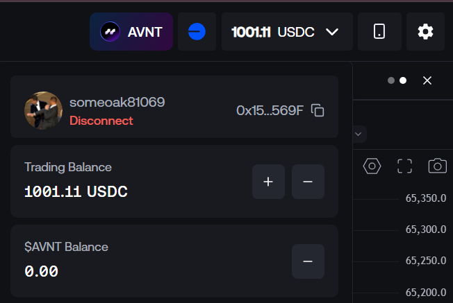 A cryptocurrency trading interface showing a wallet for user 'someoak81069' (0x15...569F) with a Trading Balance of 1001.11 USDC, a $AVNT Balance of 0.00, and a price chart ranging around 65,200-65,350.