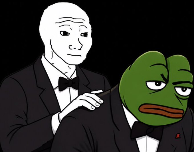 A digital drawing in the Wojak meme style featuring a "Wojak" character patting on the shoulder a green-faced "Pepe" character wearing a tuxedo and red ribbon pin.