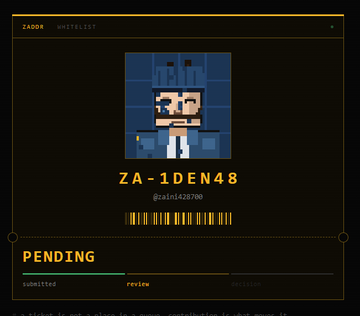 A pixelated blue avatar labeled "ZA-1DEN48" (@zain1428700) with a barcode appears on a ZADDR Unveilist page showing a "PENDING" status under the review stage, illustrating the privacy-focused NFT project mentioned in the post that remains awaiting approval.