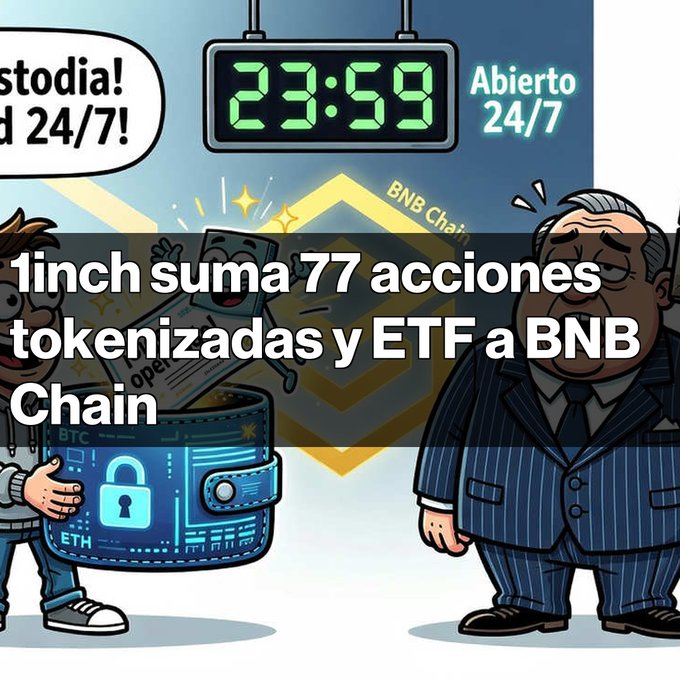 A cartoon-style graphic showing cryptocurrency themes with text overlay reading '1inch suma 77 acciones tokenizadas y ETF a BNB Chain' alongside a digital clock showing 23:59.