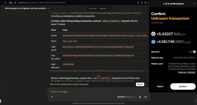 A SUI wallet confirmation screen showing an unknown transaction for +5.43207 SUI ($4.07) and +4.081749 USDC ($4.08) with a phishing warning, displayed next to a Claude AI chat interface explaining how to replace a pending transaction.