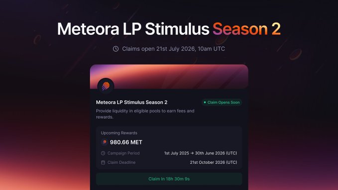 The image is a promotional graphic for "Meteora LP Stimulus Season 2," announcing that claims open on 21st July 2026 at 10am UTC. It highlights upcoming rewards of 980.66 MET, a campaign period from 1st July 2025 to 30th June 2026, and a claim deadline of 21st October 2026, with a countdown showing "Claim in 18h 30m 9s." This visually supports the announcement by detailing the reward structure and key dates tied to the upcoming LP Stimulus Season 2 claim window.