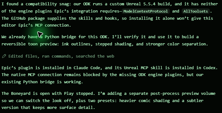 A screenshot of a chat interface discussing ODK compatibility issues with Unreal 5.5.4, mentioning missing engine plugins like ModelContextProtocol and AllToolsets, and plans to build a reversible toon preview using an existing Python bridge.