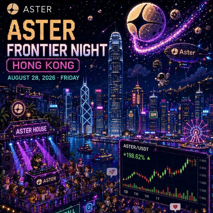 Promotional poster for 'Aster Frontier Night Hong Kong' event on August 28, 2026, featuring a cyberpunk-style cityscape with a DJ, crown logo, and ASTER/USDT price chart showing +198.62%.