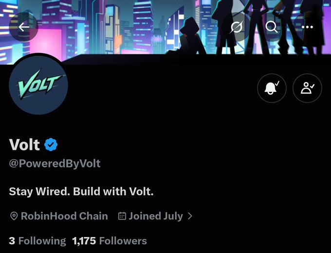 The image shows the Twitter/X profile of "Volt" (@PoweredByVolt), featuring a neon cyberpunk cityscape banner, the tagline "Stay Wired. Build with Volt," and confirmation that it's located on the RobinHood Chain, with 1,175 followers and 3 following accounts, aligning with the post's mention of an NFT collection and token ($VOLT) on RobinHood.